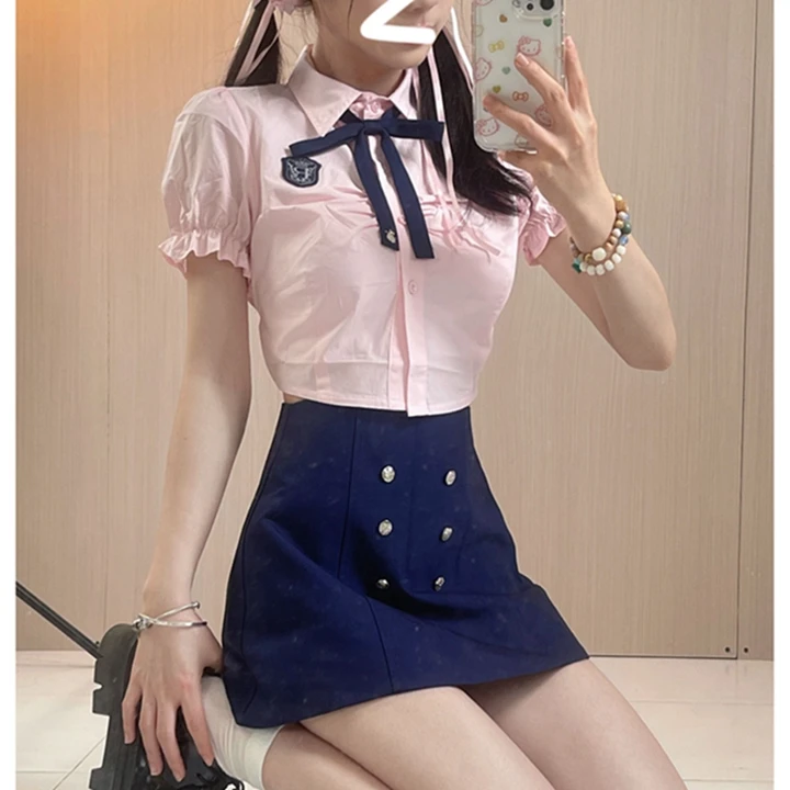 草莓可露丽 /夏季学院风收腰显瘦泡泡袖衬衫制服套装裙裤