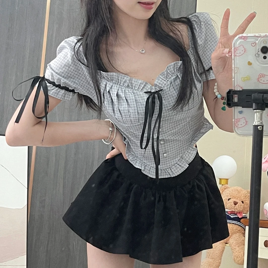 甜欲泡泡袖不规则短款上衣女夏设计感裤裙