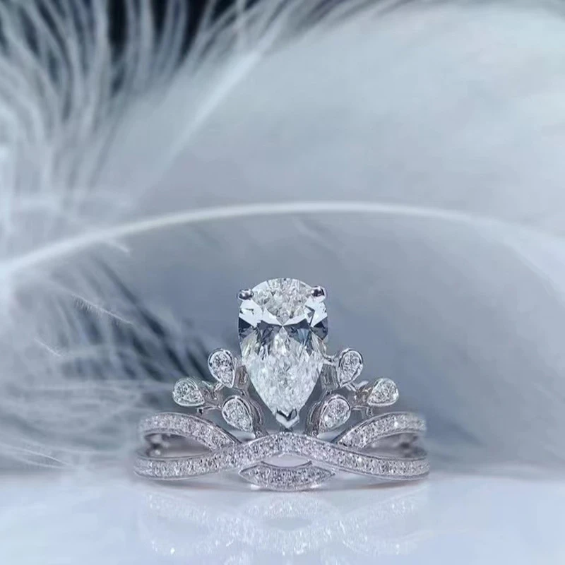 925银莫桑石戒指 〖 水滴皇冠〗高品质莫桑石/合成碳硅石闭口戒指