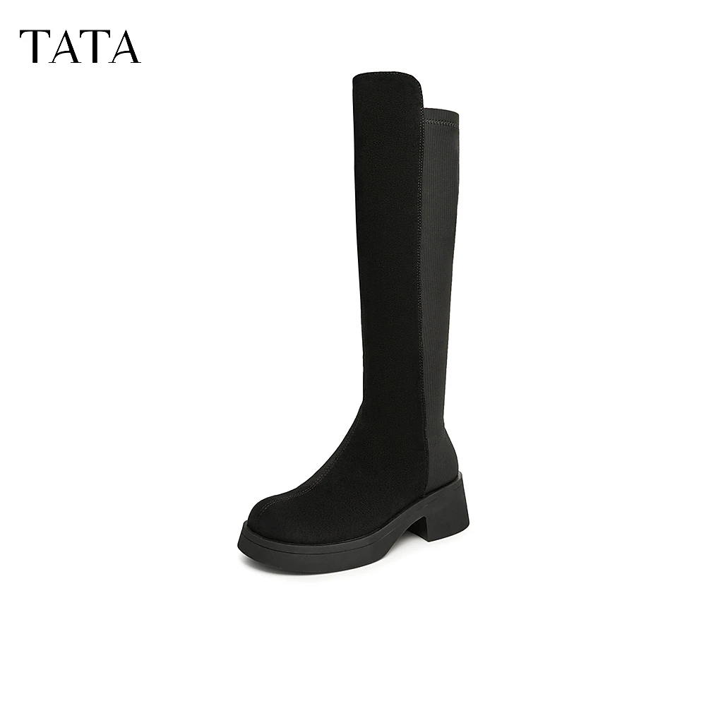 TATA/他她冬季经典厚底拼接圆头骑士瘦瘦靴时装靴W5K02DC3