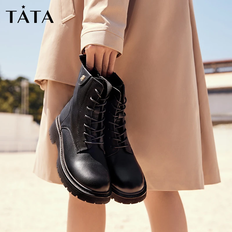 Tata/他她秋季冬气质时尚英伦纯色方跟系带马丁靴女新款WAPA1DD2