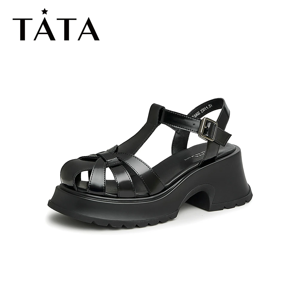 Tata/他她夏季女士时尚纯色小众厚底罗马凉鞋女新款YAA02BL3