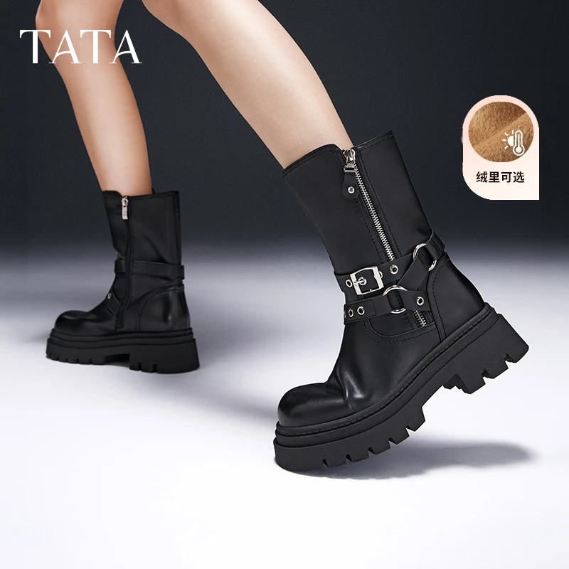 TATA他她复古时尚西部牛仔靴女简约潮酷中筒靴秋冬新CDM01DS4