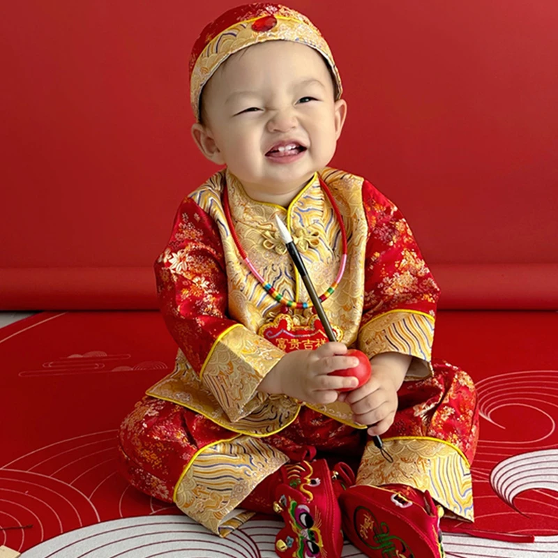 春秋红色儿童唐装中国风抓周服中式周岁礼服生日服装宝宝衣服套装