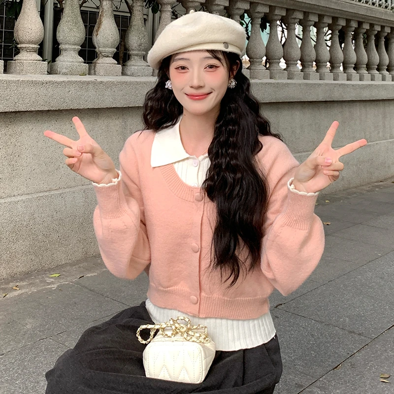 【正】【真两件】慕兔慵懒风短款polo领毛衣女内搭背心针织开衫两件套