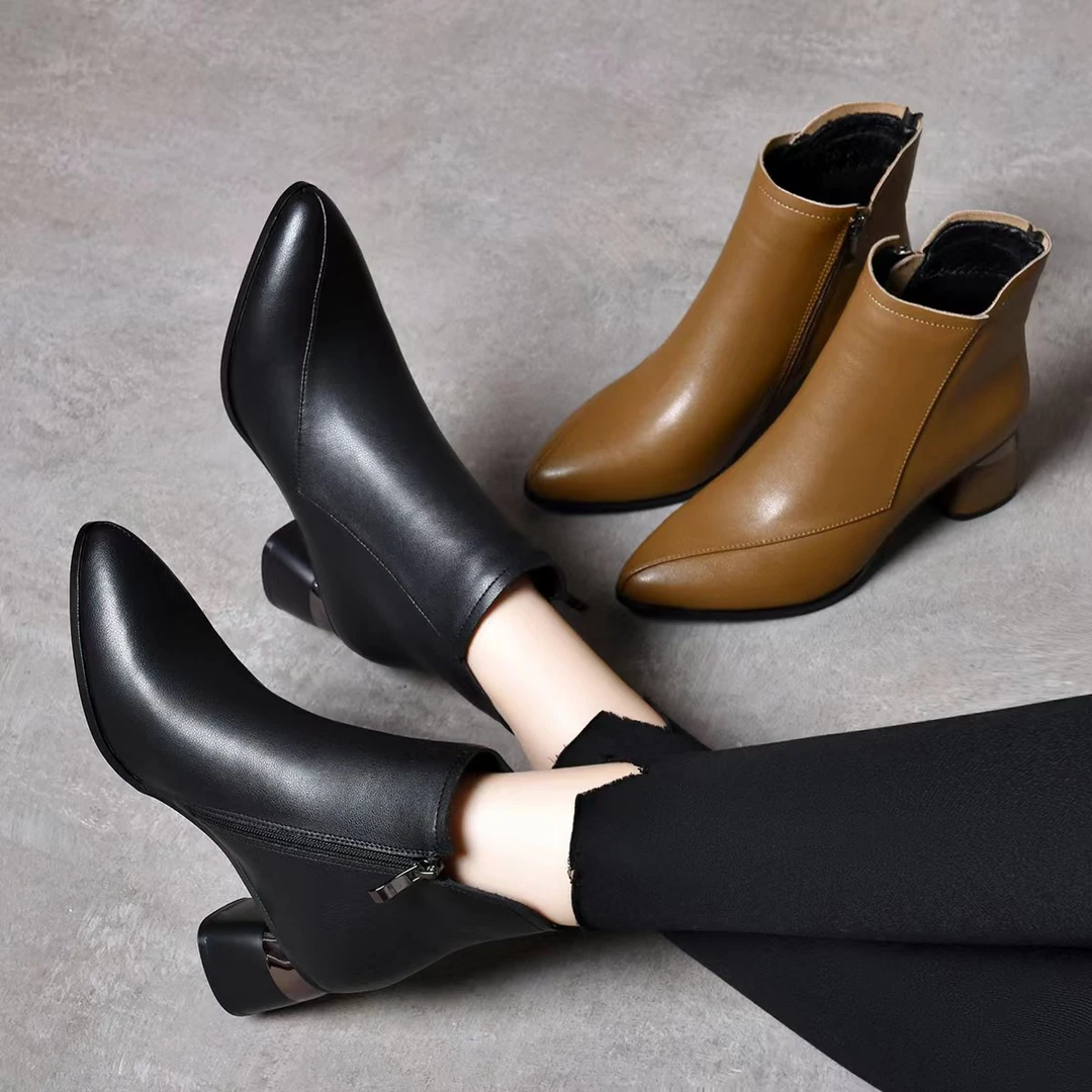 xizi/昔子1011新款侧拉链粗跟短靴马丁靴加绒靴子 秋冬尖头女靴鞋