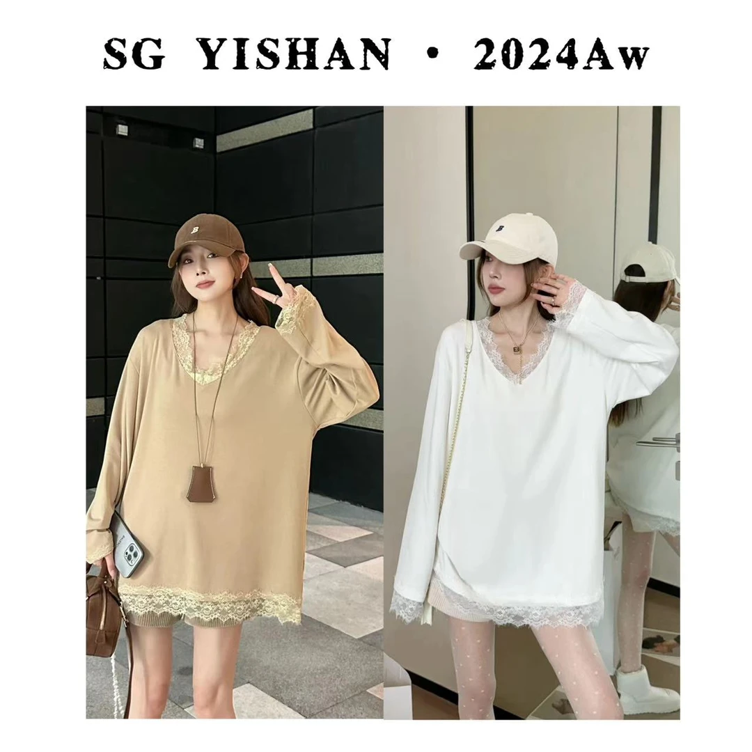 SG / 杨依姗 AW蕾丝花边拼接V领长袖打底衫T恤T-20241949