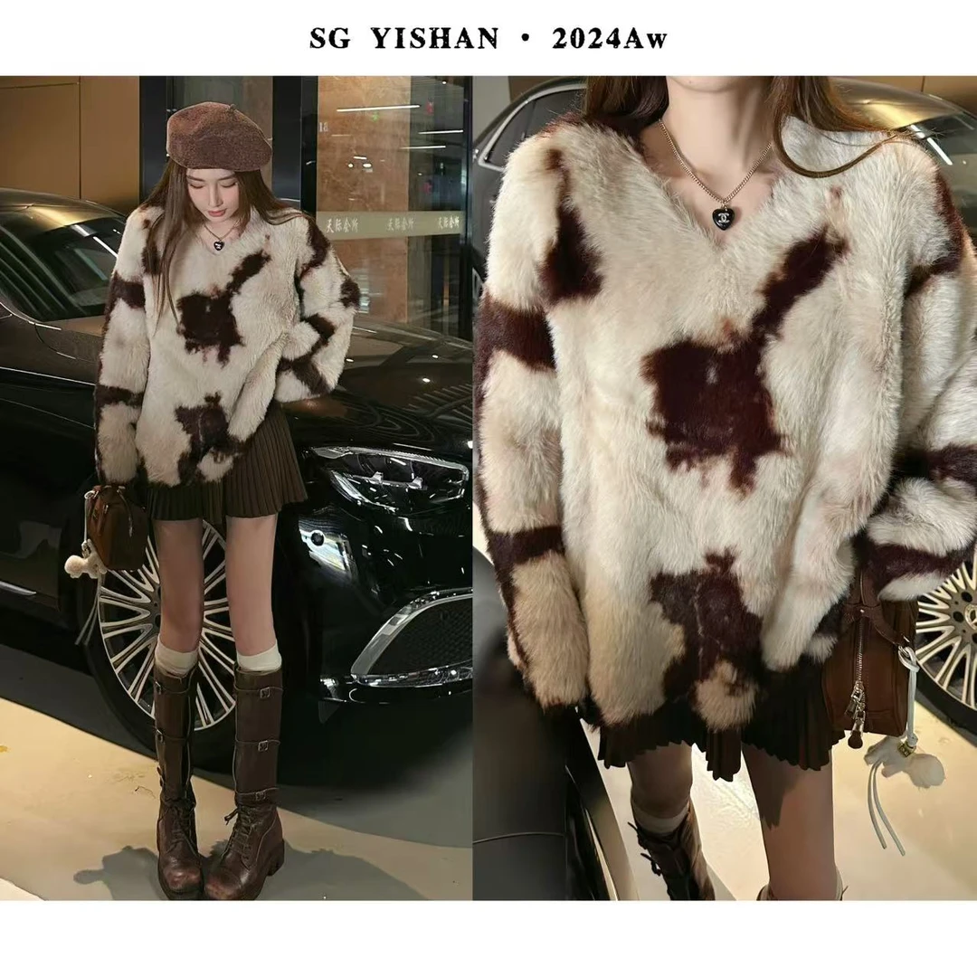 SG / 杨依姗 AW 琥珀晕染 慵懒宽松V领套头仿貂毛毛衣MY-20242708