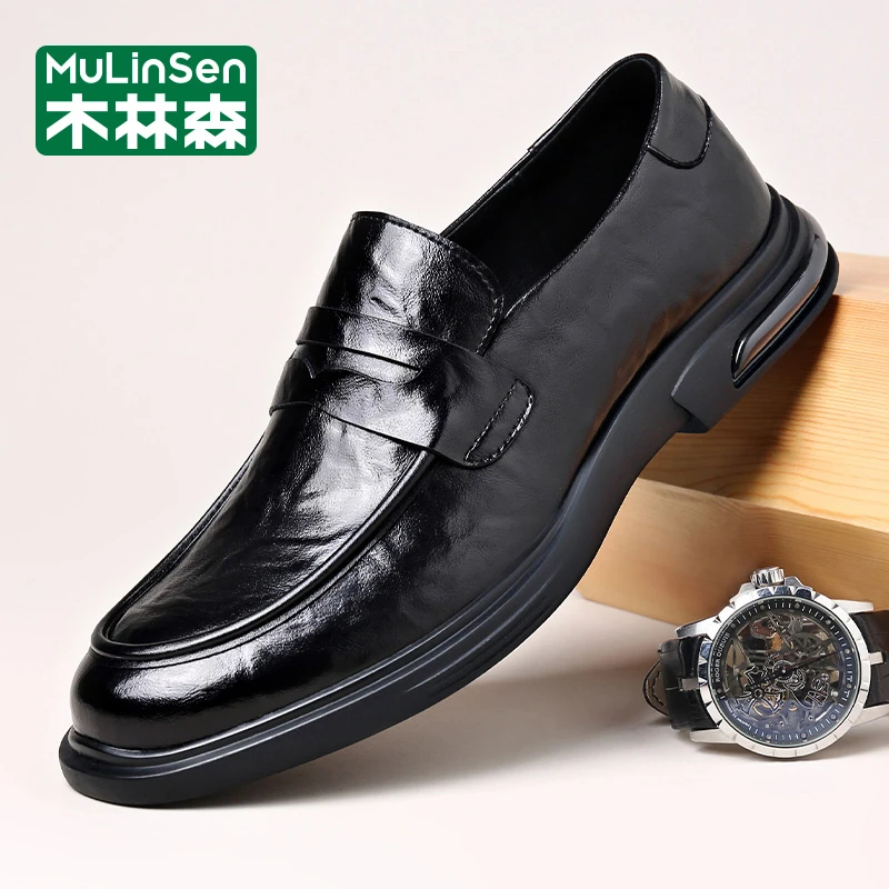 木林森皮鞋男真皮商务休闲鞋春商务皮鞋透气软底圆头秋季驾车鞋