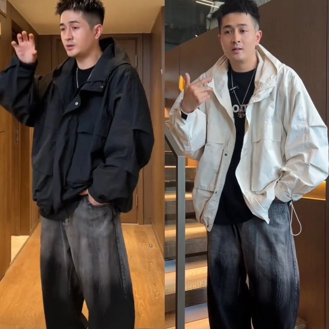 返潮复古早秋新款日系机能工装夹克男士百搭宽松休闲时尚连帽外套