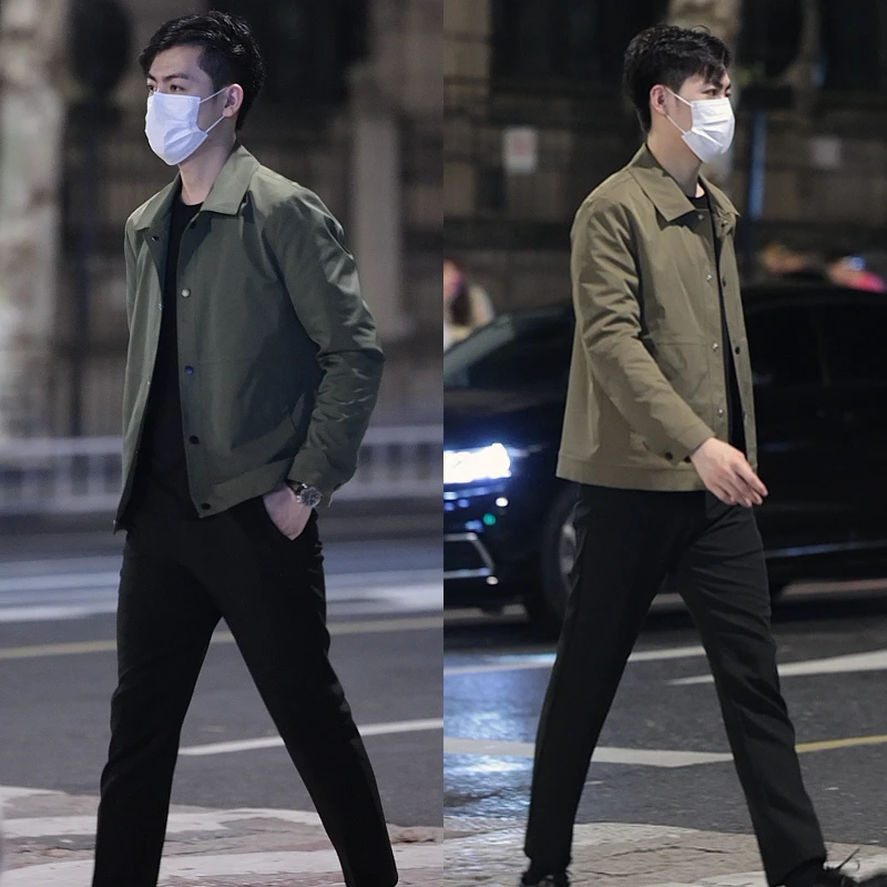 秋季新款男士时尚百搭行政夹克修身潮流帅气休闲纯色翻领上衣外套