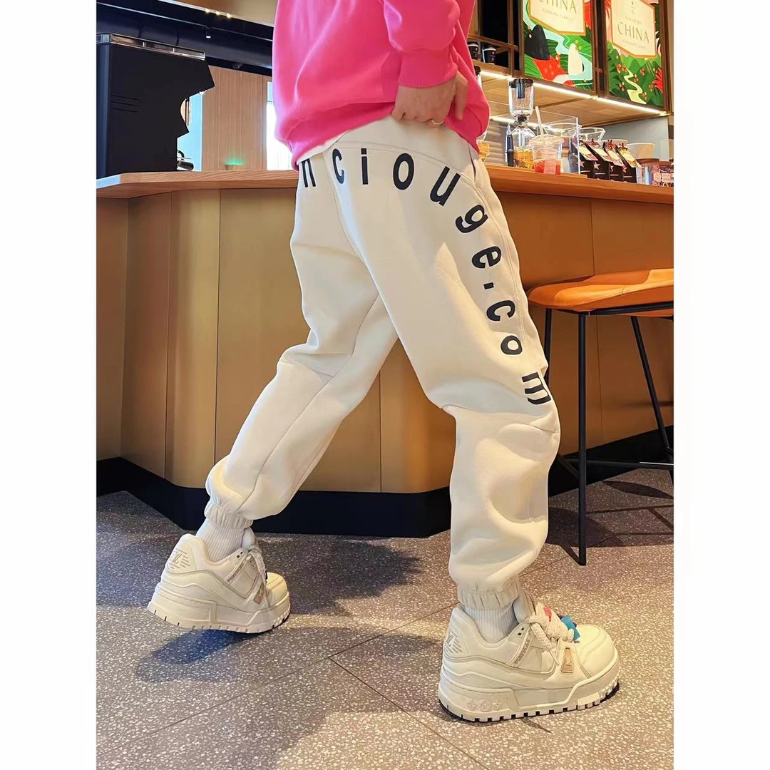 秋冬新款男士潮流帅气百搭加绒休闲卫裤字母刺绣宽松男款束脚裤子