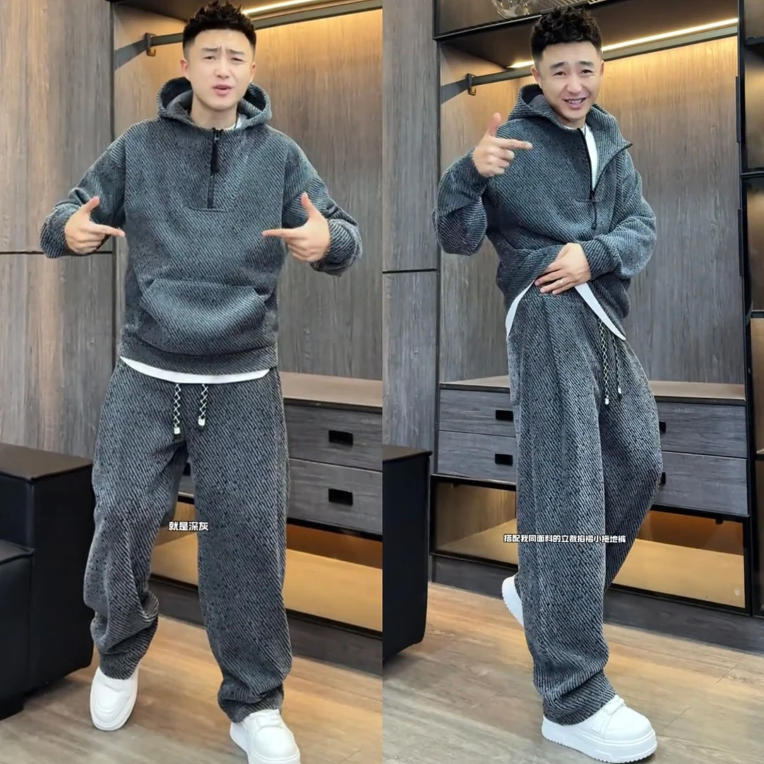 春季新款男士银丝斜条纹休闲套装时尚运动半拉链帽衫休闲裤两件套