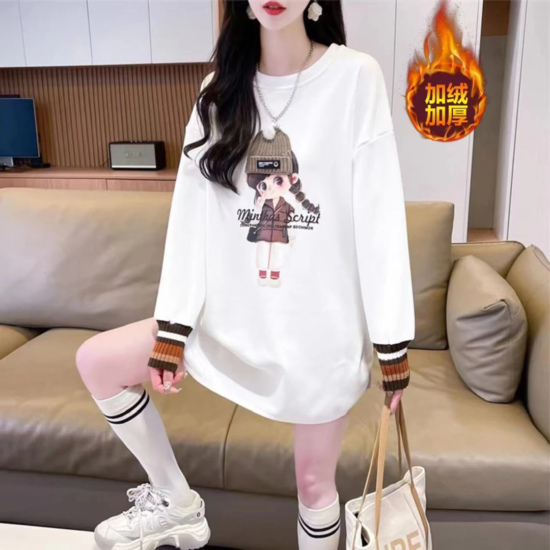 【加宝宝绒】新款时尚休闲百搭宽松加绒加厚中长款打底白T上衣