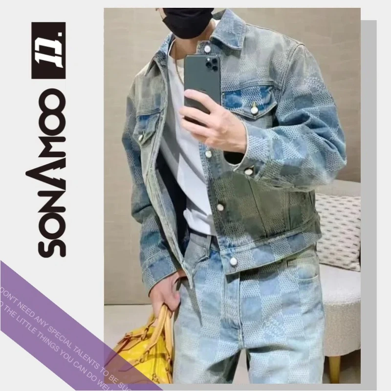 【恬恬】棋盘格满提花图案洗水男士秋冬百搭牛仔外套装复古D18890