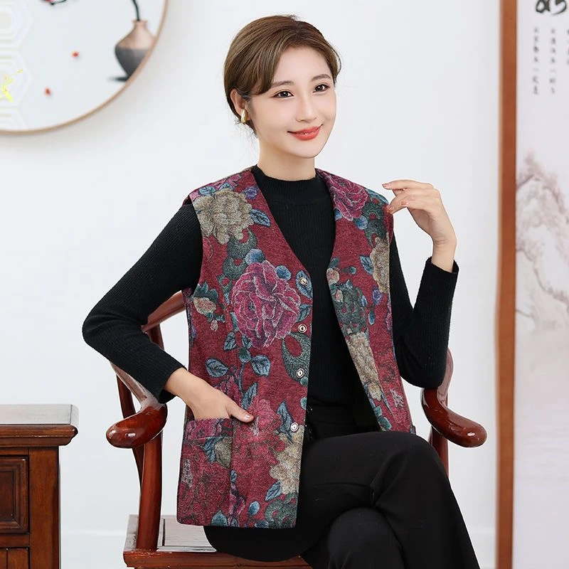 秋冬季皮毛一体羊毛马甲女款中老年加厚保暖羊皮坎肩牡丹花妈mmk