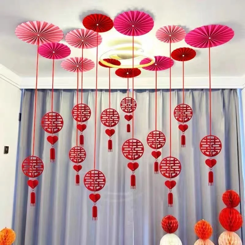 婚房装饰布置客厅卧室结婚装饰男女方吊顶布置天花板扇花喜字配饰