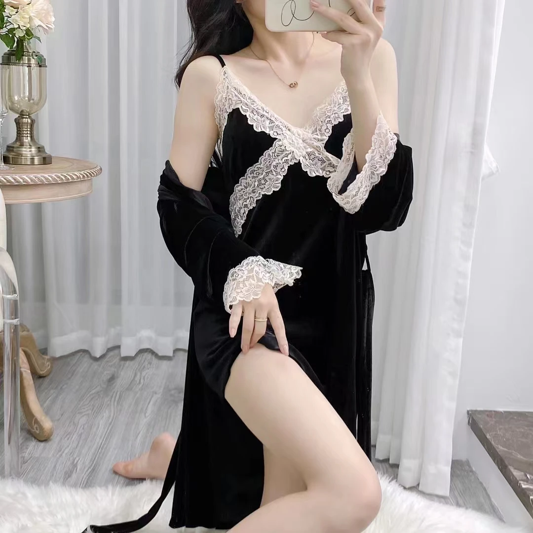 【清风如尘】金钻绒网红性感薄款长袖女士纯欲秋冬睡裙