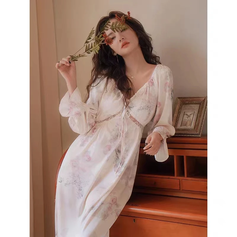 小七推荐  冰雪丝睡裙宫廷风蕾丝长款女士法式薄款甜美连衣裙睡裙