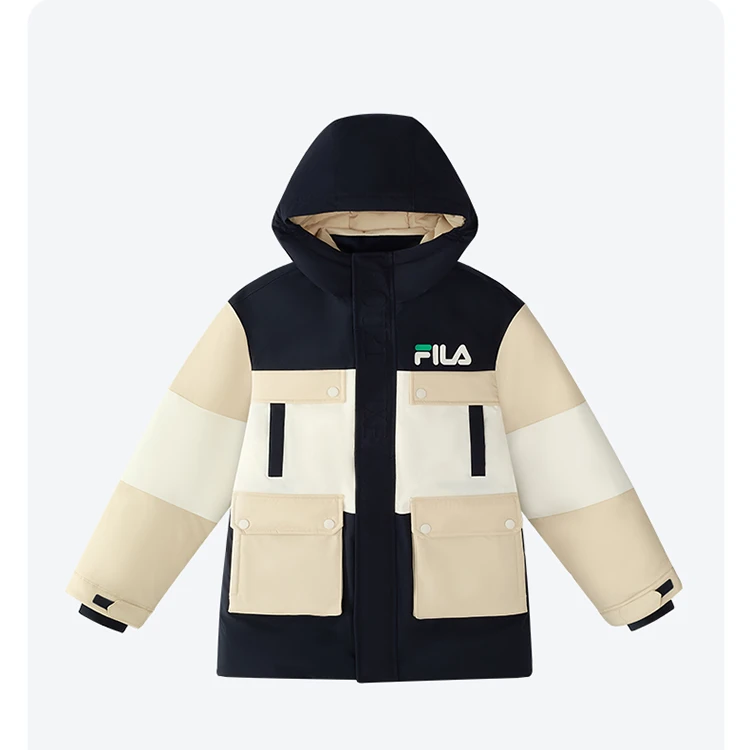 FILAKIDS斐乐儿童【经典黑卡其】中长款保暖连帽羽绒服K12B442905