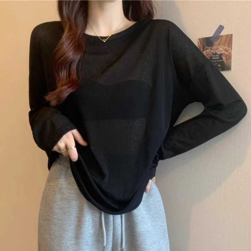大码薄款微透防晒长袖T恤女夏季韩版2024新款糖果色