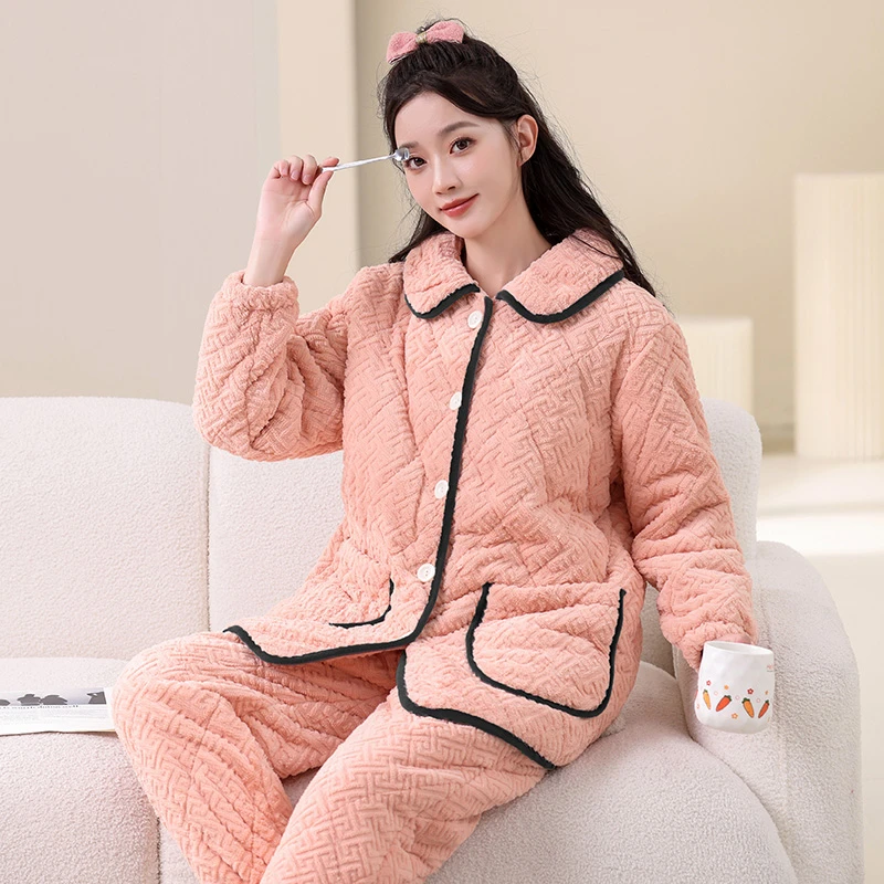 冬季三层夹棉保暖睡衣女士大码纯色翻领家居服长袖长裤加厚两件套