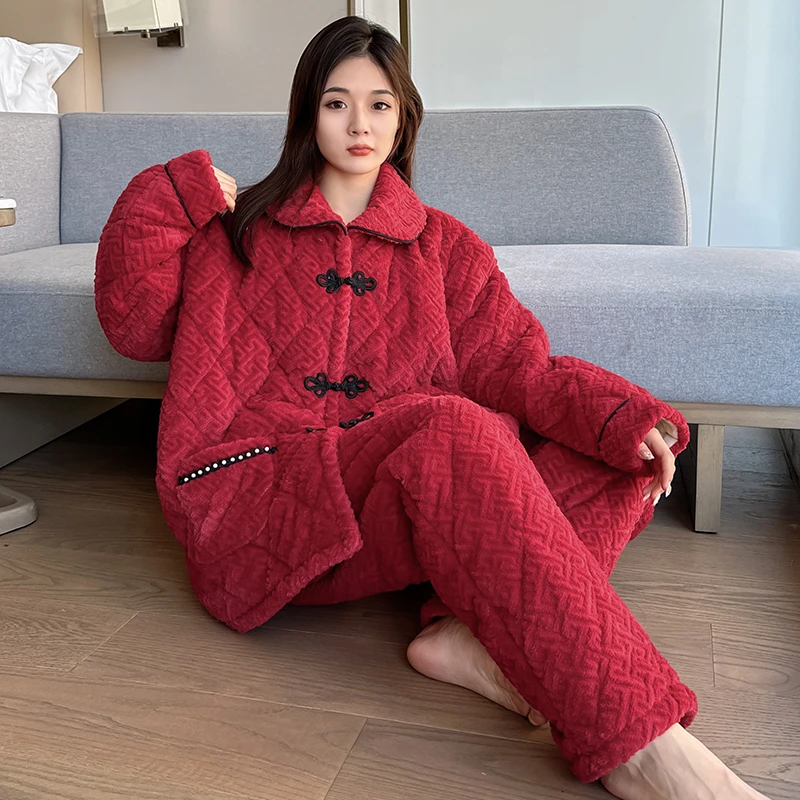 冬季大码保暖睡衣中国风红色家居服三层夹棉加厚长袖长裤翻领睡衣