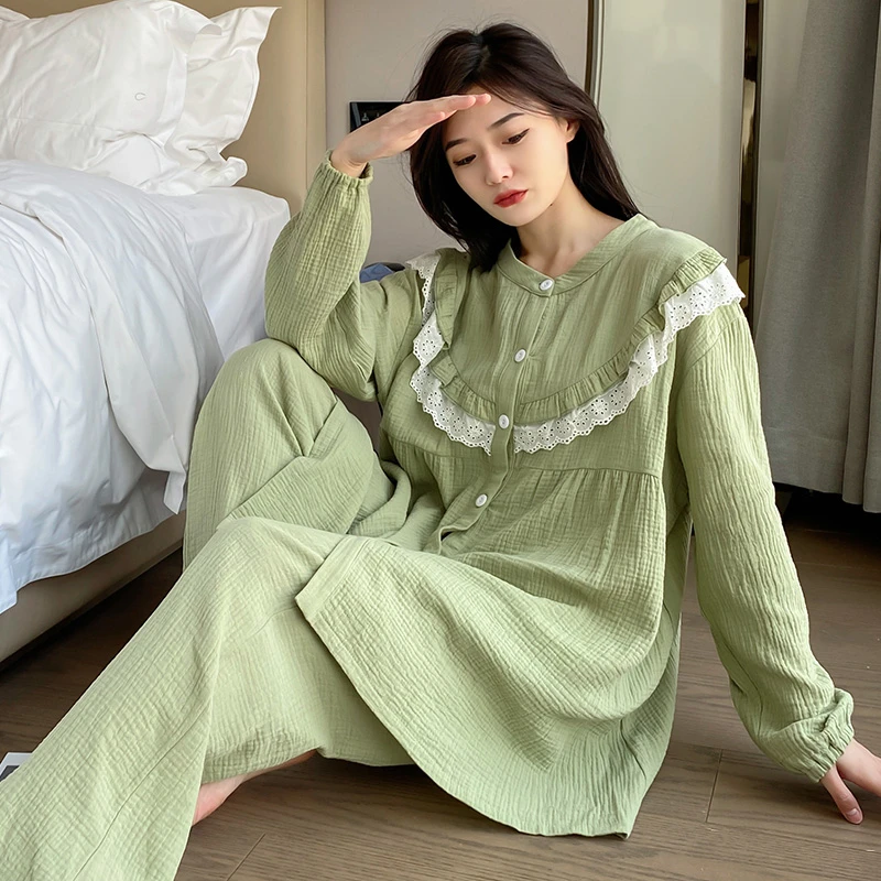 女睡衣纯棉100%全棉大码宽松休闲睡衣女士春秋长袖套装孕妇月子服