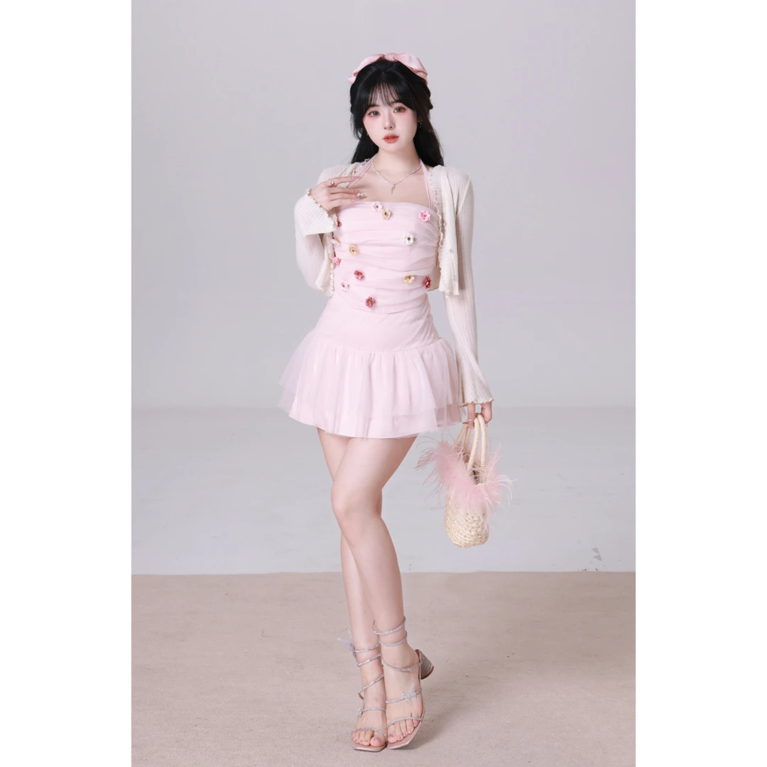 清清MengFairy【泡泡奶芙】纯欲甜美挂脖上衣高腰半身裙套装2708M