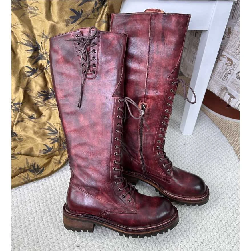 时尚舒适百搭高筒靴改装靴马靴女靴系带头层牛皮小众复古擦色长靴