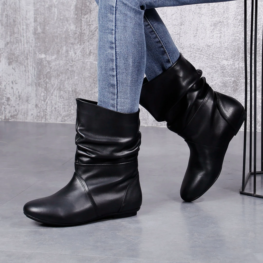 法式真皮女靴堆堆宽口平底中筒靴子女软皮半靴马丁靴女新款半筒靴