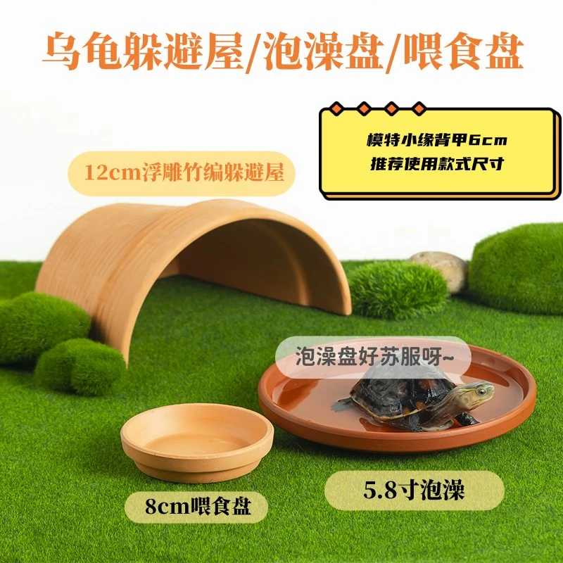 黄缘龟泡澡盆喂食盘红陶乌龟躲避屋安缘半水龟造景水族陆龟缸晒台