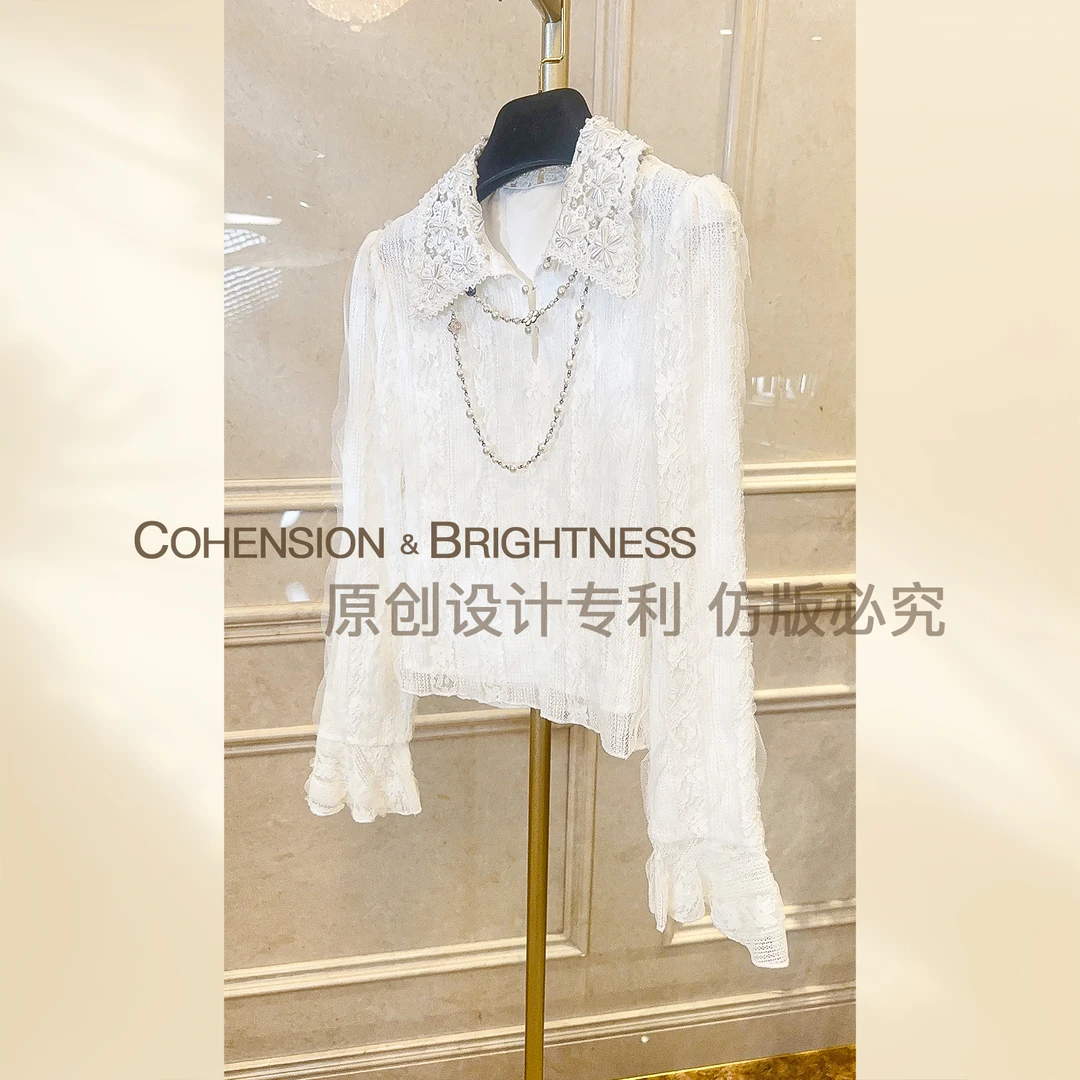 凝慧真的好【珍珠蕾丝】秋季法式淑女风重工钉珠蕾丝衬衫CQ053