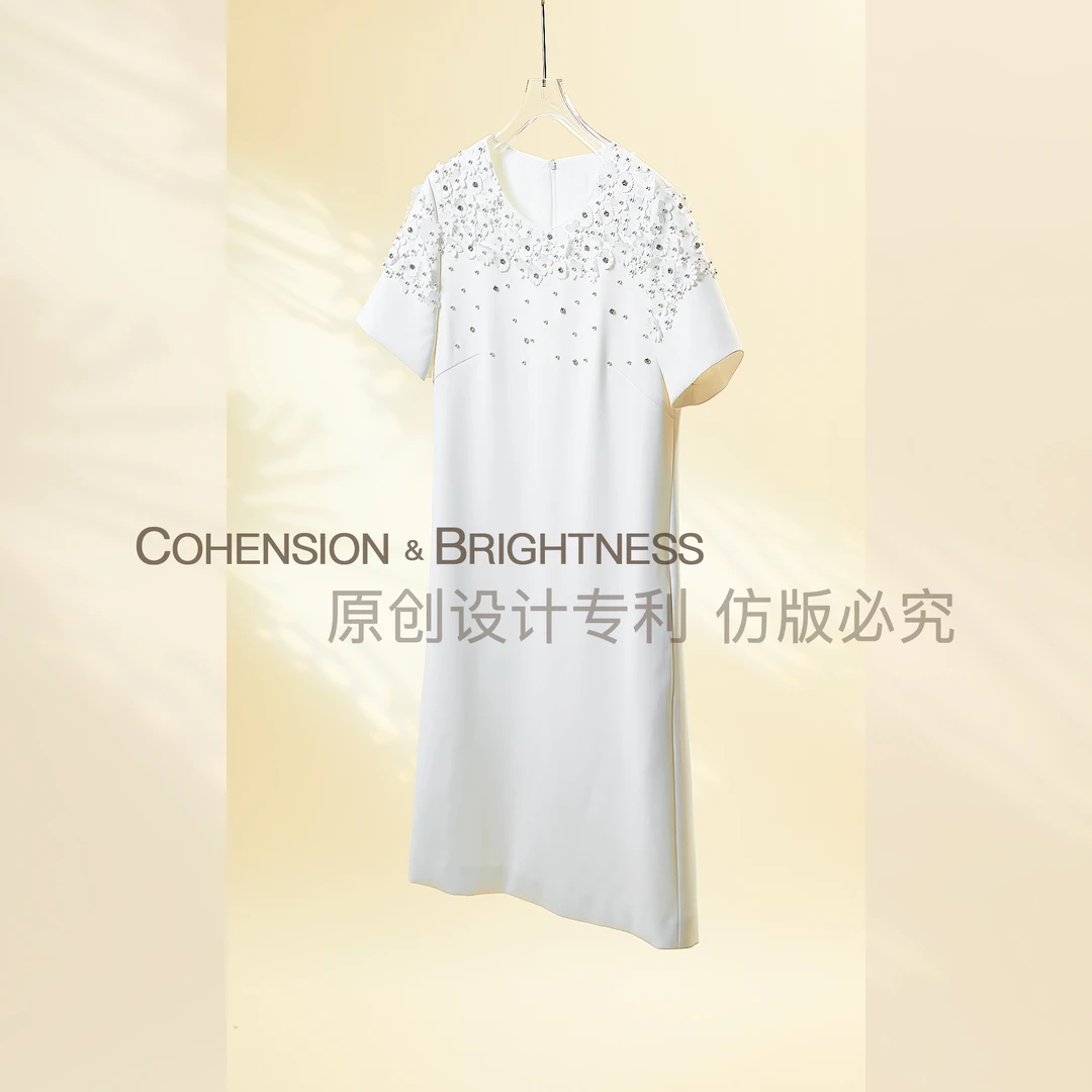 凝慧【微风记忆】重工钉珠显瘦气质遮肚显瘦短袖连衣裙LN229