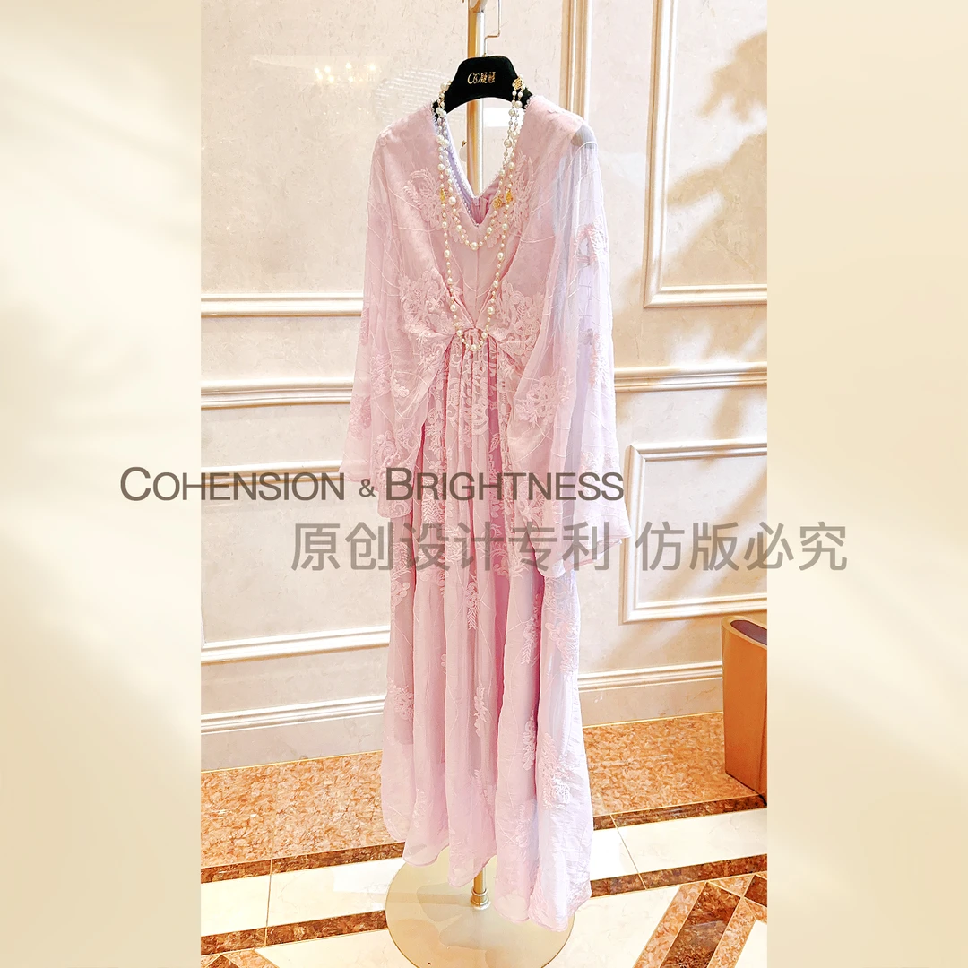 凝慧真的好【清茶物语】夏季法式重工刺绣烫钻蕾丝连衣裙LP100