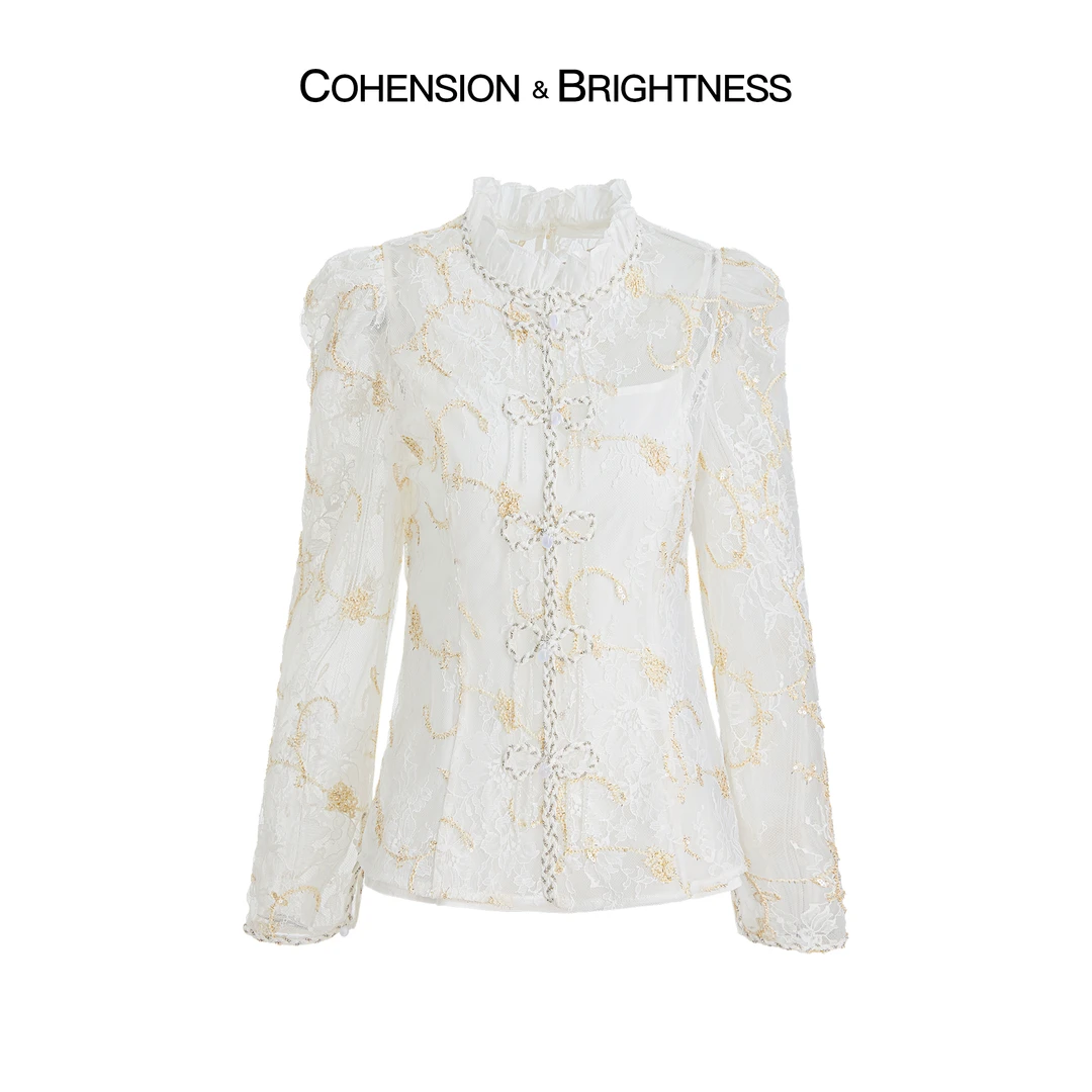 凝慧真的好【白野寻雾】衬衫新款国风盘扣蕾丝网纱百搭上衣CO196