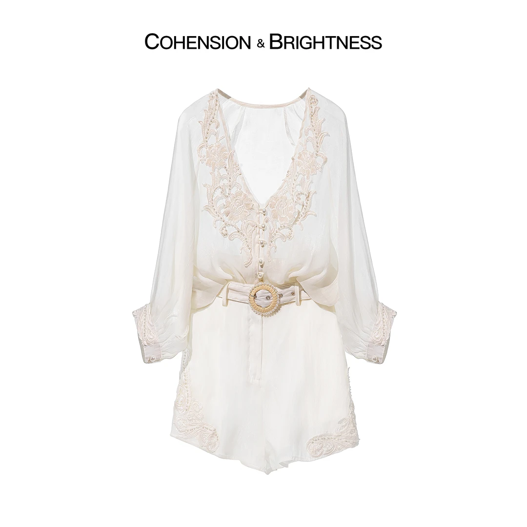 凝慧真的好【云烟小衫】夏季V领钉珠桑蚕丝上衣+短裤TP136