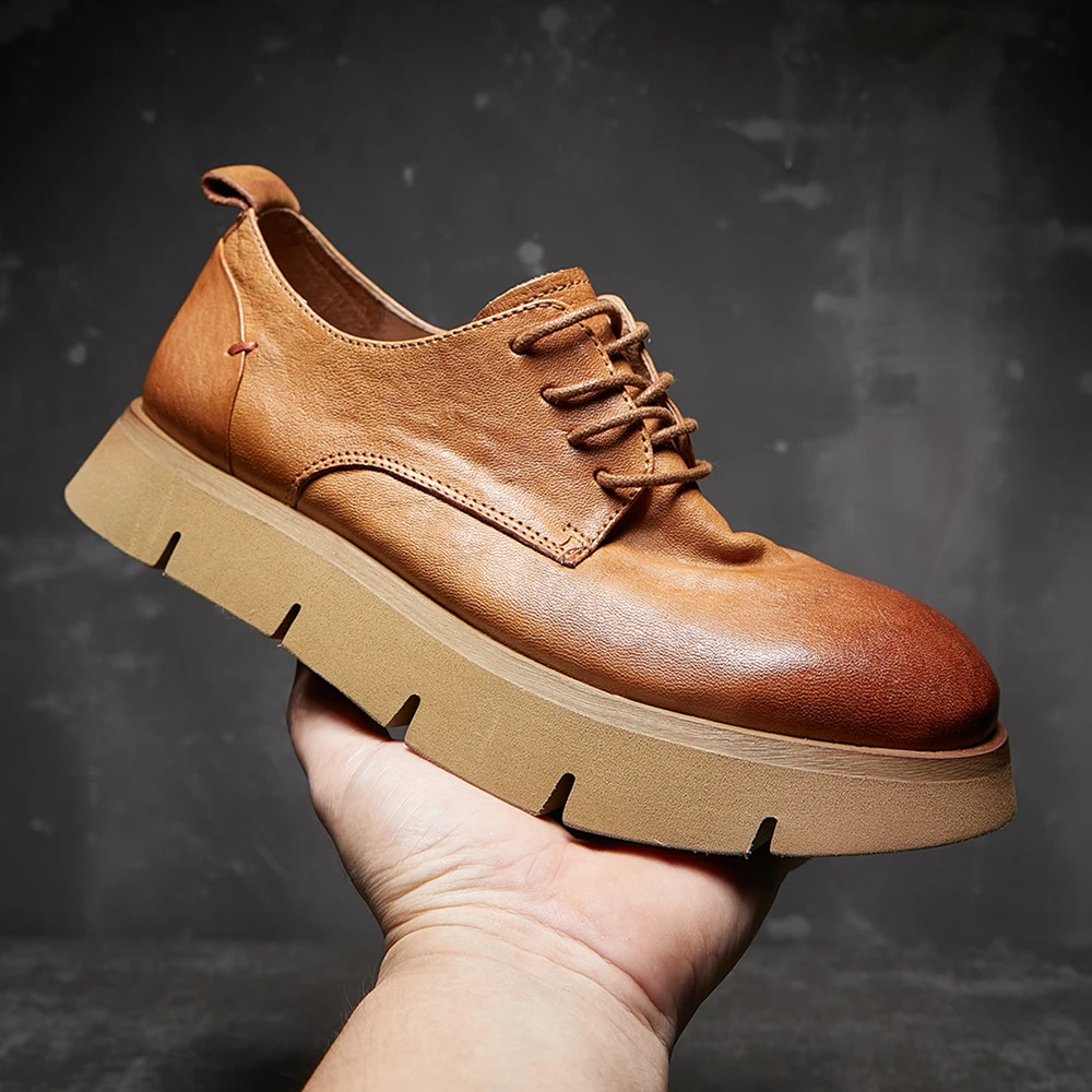 马皮手工休闲皮鞋男2023新款复古工装鞋厚底秋季百搭时尚真皮增高