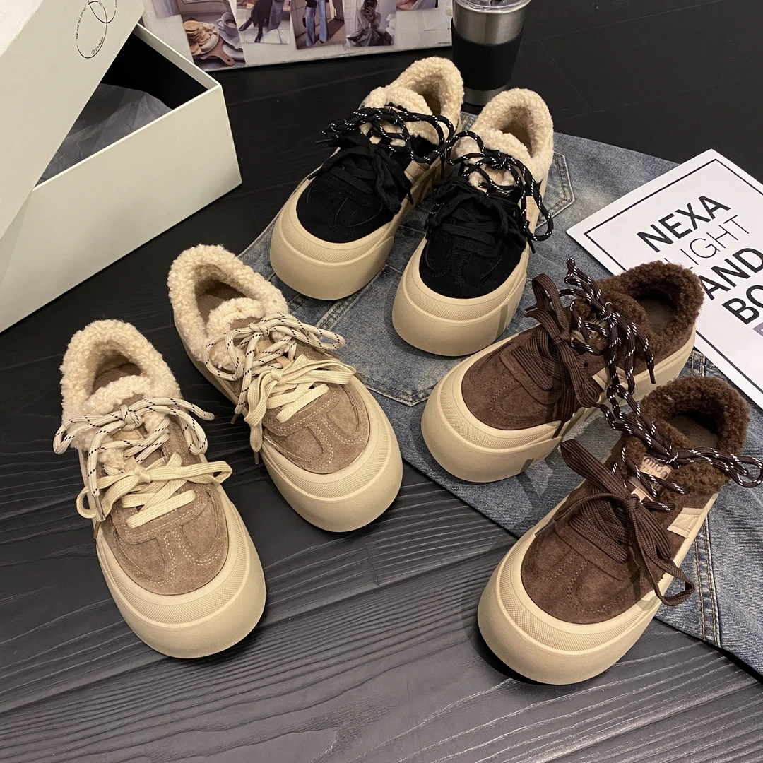 贾不假加绒厚底毛毛板鞋女款2025新款冬季保暖增高百搭运动休闲鞋