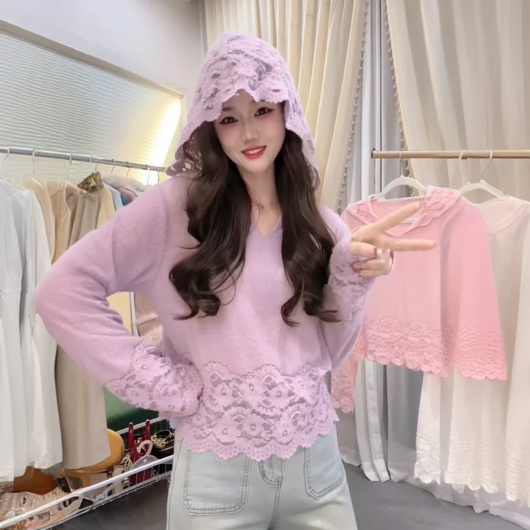 2025春季新款蕾丝花边上衣连帽打底衫百搭时尚新款内搭针织衫