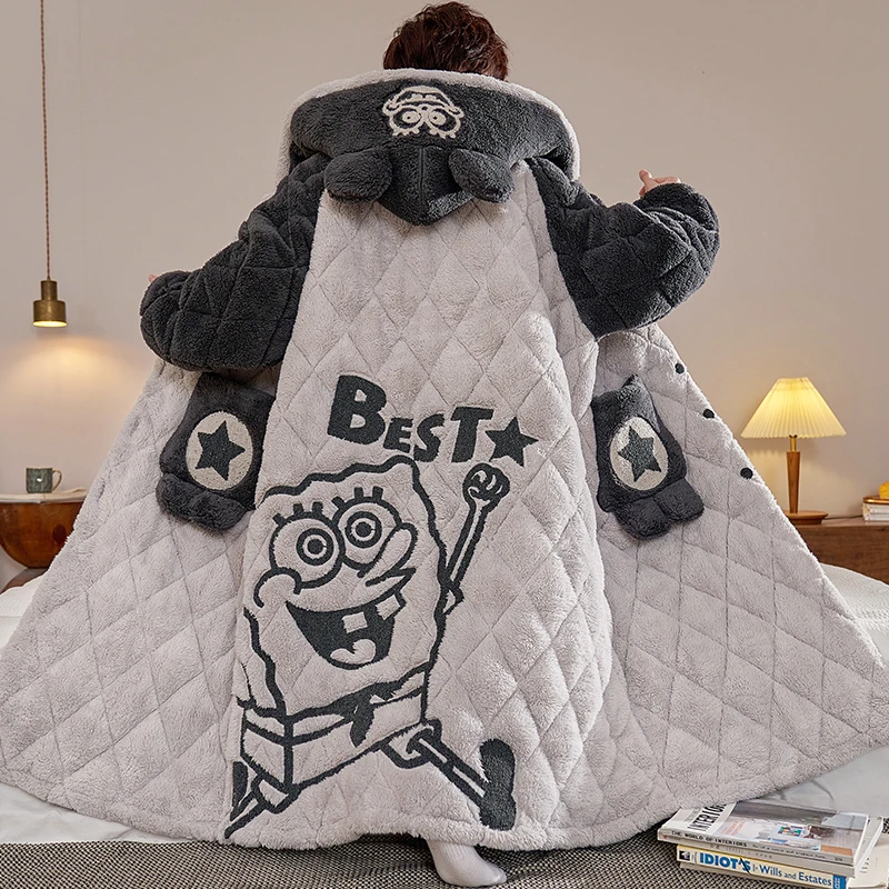 冬季卡通睡袍男士珊瑚绒三层夹棉加厚大码240斤青少年睡衣套装