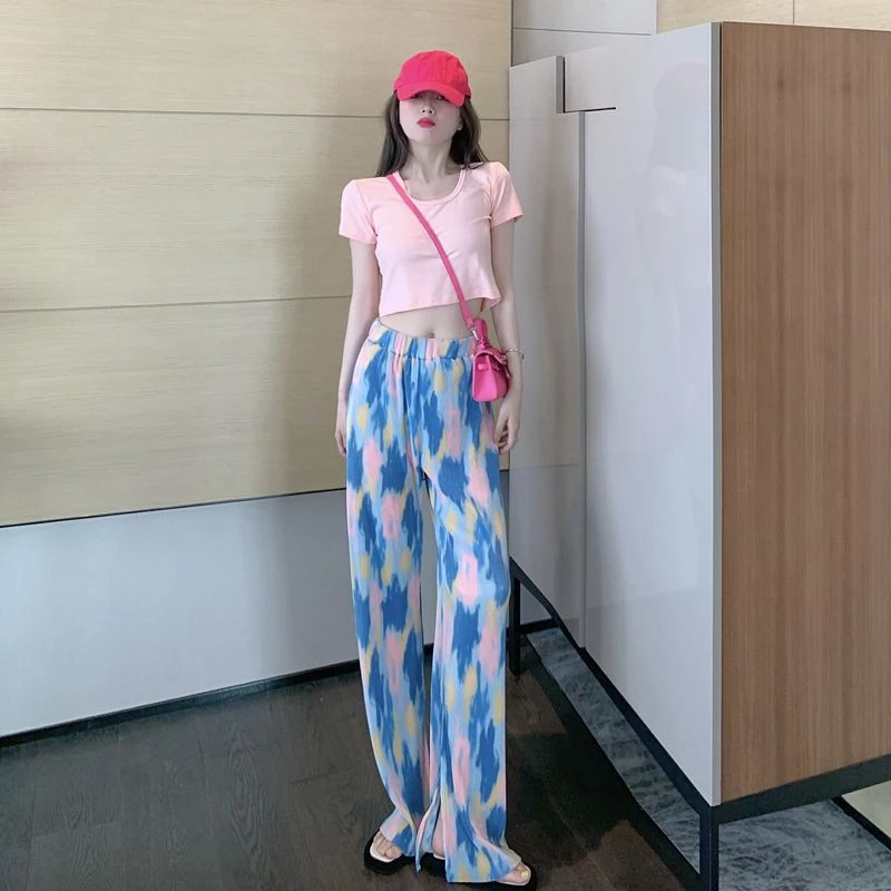 扎染休闲裤子女2021新款夏季宽松高腰直筒阔腿裤显瘦百搭拖地长裤