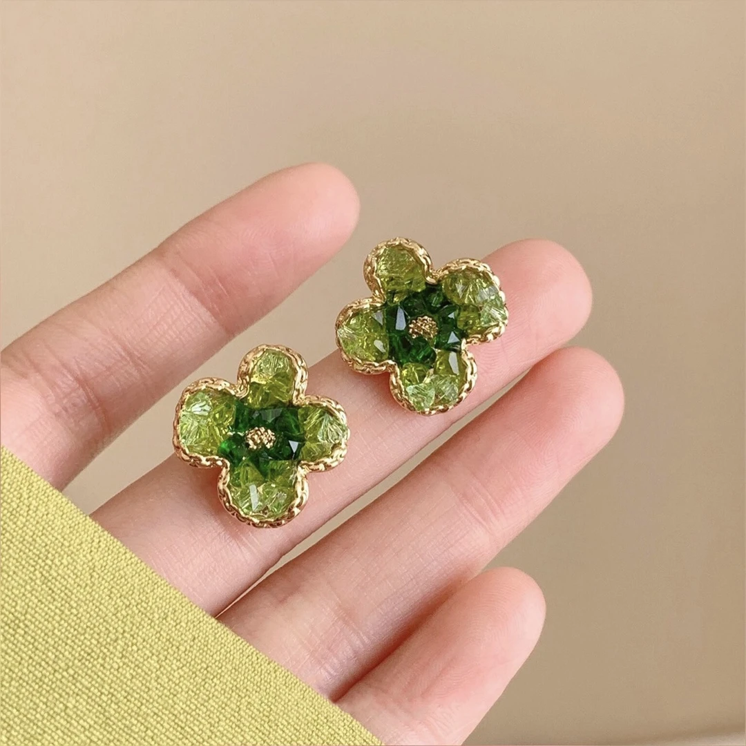 合金仿水晶耳饰 花朵耳环小众设计感高级清新绿色2023新款花耳钉