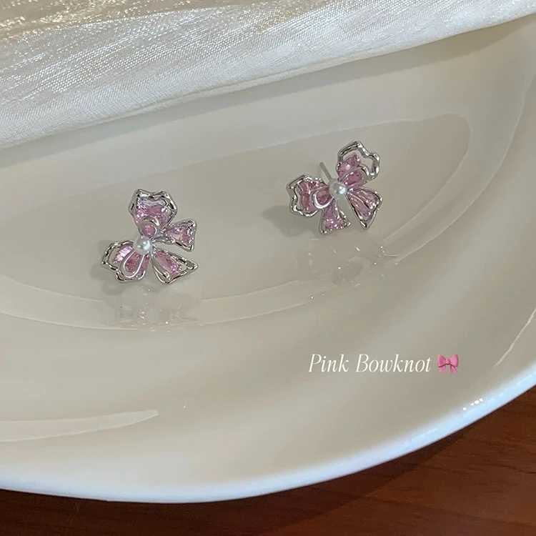 合金耳饰 独特设计蝴蝶结粉色锆石耳钉女小众高级感精致甜美耳环