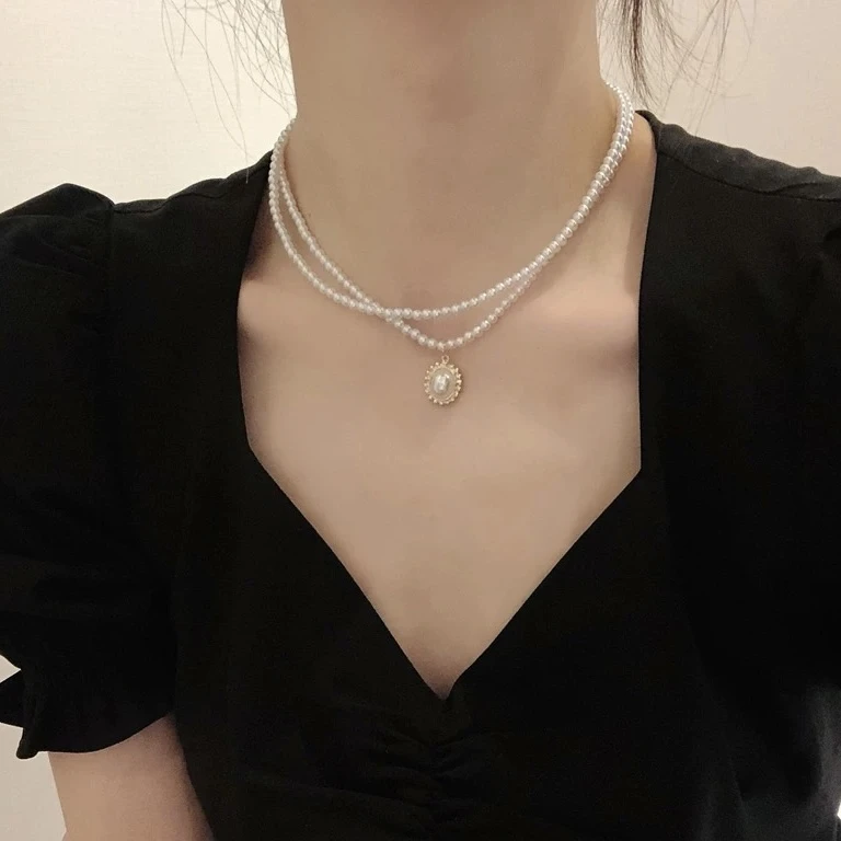 非金属仿珍珠项链 悠美优雅复古法式双层珠珠项链女ins网红锁骨链
