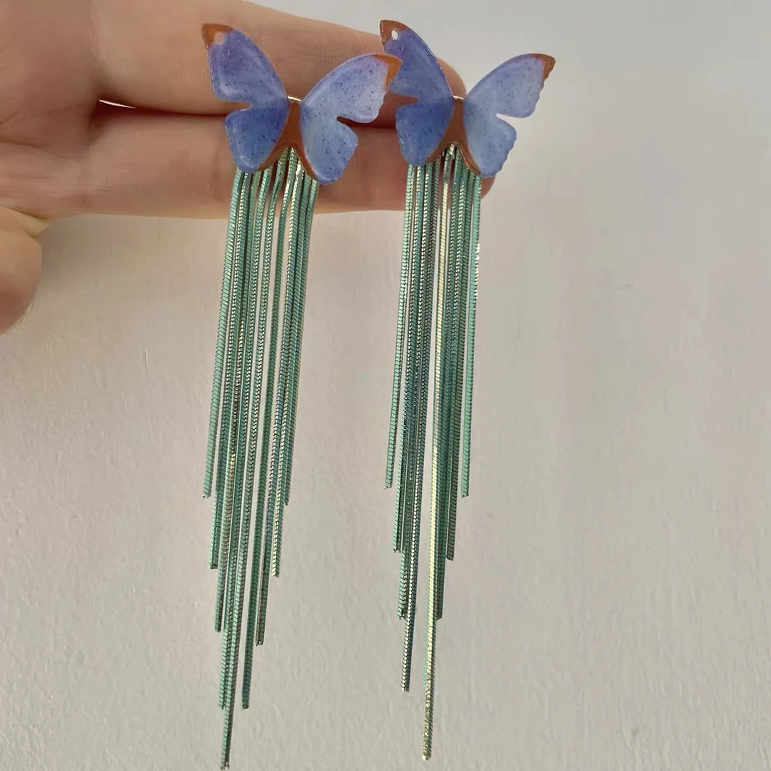 铜合金亚克力耳饰 琉光蝴蝶独特蓝色流苏夸张女神气质设计感耳环