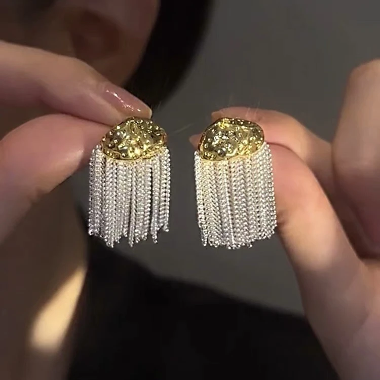 铜合金耳饰 法式轻奢银白色链条流苏耳环时尚气质小众设计高级感
