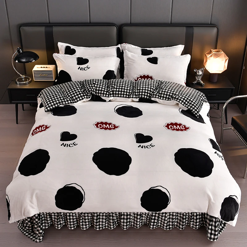 网红床上四件套秋冬床裙被套亲肤绒四件套双面加厚加绒新款印花