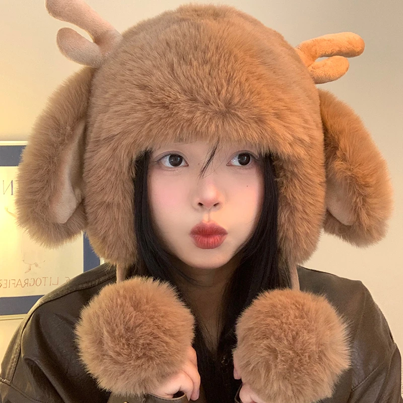 鹿角大耳朵毛绒帽子女秋冬季韩版可爱显脸小加厚保暖护耳雷锋帽潮