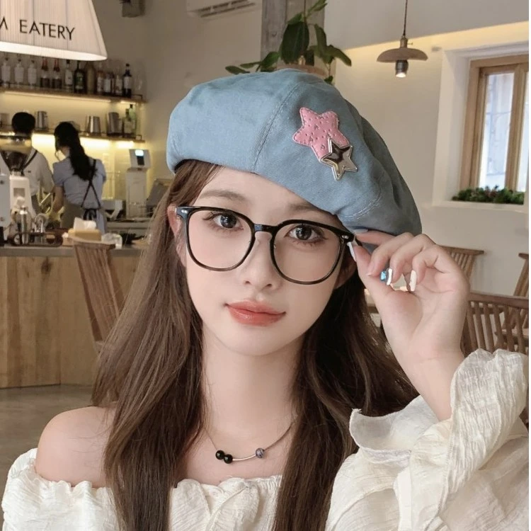 网红韩系贝雷帽女秋冬显脸小学生牛仔蓓蕾帽子女款2023新款画家帽